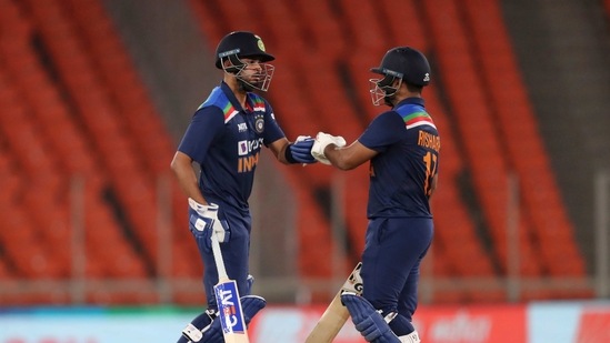 India's Shreyas Iyer, left, fist bumps with batting partner Rishabh Pant during the fourth Twenty20 cricket match between India and England at Narendra Modi Stadium in Ahmedabad, India, Thursday, March 18, 2021. (AP Photo/Ajit Solanki) (AP) India's Shreyas Iyer, left, fist bumps with batting partner Rishabh Pant during the fourth Twenty20 cricket match between India and England at Narendra Modi Stadium in Ahmedabad, India, Thursday, March 18, 2021. (AP Photo/Ajit Solanki) (AP)