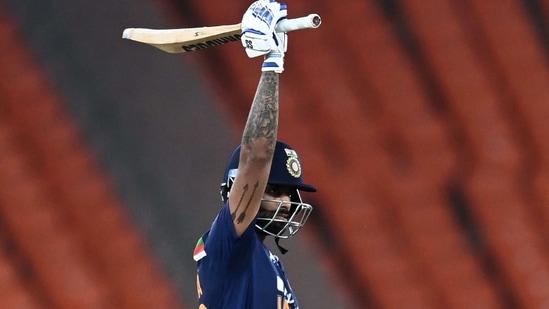 Suryakumar Yadav celebrates his maiden half-century during the fourth T20I against England in Ahmedabad (AFP) Suryakumar Yadav celebrates his maiden half-century during the fourth T20I against England in Ahmedabad (AFP)