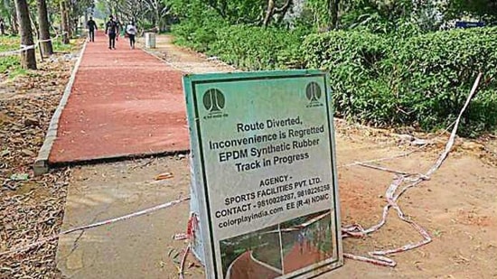 The synthetic running track at Nehru Park in New Delhi. The forest department says the track violates the Forest Conservation Act (1980) Sanchit Khanna/HT PHOTO