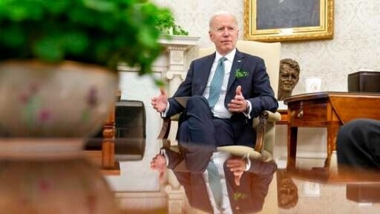 President Joe Biden gives a brief statement about yesterday's shootings in Atlanta before a virtual meeting with Ireland's Prime Minister Micheal Martin on St. Patrick's Day, in the Oval Office of the White House, Wednesday, March 17, 2021, in Washington. (AP Photo/Andrew Harnik) (AP)