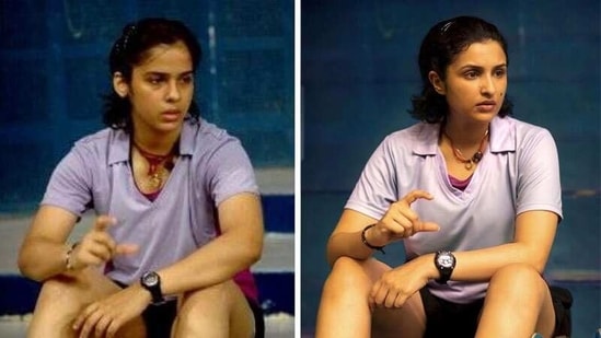 Saina Nehwal (left) and Parineeti Chopra as Saina (right).