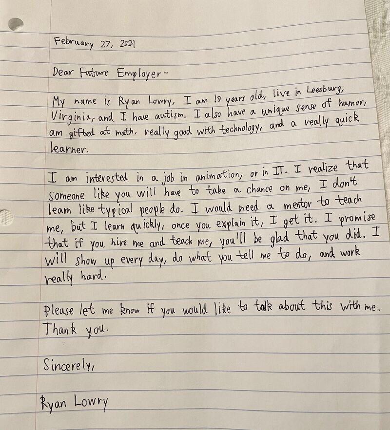 The image shows a letter written by a soon-to-be graduate Ryan Lowry. (LinkedIn/Ryan Lowry) The image shows a letter written by a soon-to-be graduate Ryan Lowry. (LinkedIn/Ryan Lowry)