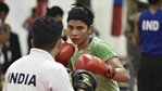 Nikhat Zareen, during the Practice at Indira Gandhi Indore Stadium in New Delhi.(Raj K Raj/HT PHOTO) Nikhat Zareen, during the Practice at Indira Gandhi Indore Stadium in New Delhi.(Raj K Raj/HT PHOTO)