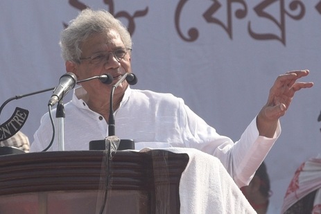 Communist Party of India General Secretary Sitaram Yechury addresses the gathering during Brigade rally, organised by the Left Front, Indian National Congress and Indian Secular Front (ISF) in February. (Samir Jana/Hindustan Times)