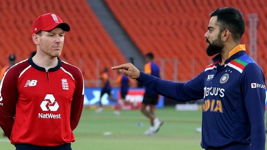 Indian skipper Virat Kohli and England skipper Eoin Morgan during the toss for the 4th T20 match between India and England at Narendra Modi Stadium in Ahmedabad.((ANI Photo/ICC Twitter)) Indian skipper Virat Kohli and England skipper Eoin Morgan during the toss for the 4th T20 match between India and England at Narendra Modi Stadium in Ahmedabad.((ANI Photo/ICC Twitter))