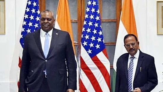 US Secretary of Defense Lloyd James Austin III meets National Security Advisor (NSA) Ajit Doval in New Delhi on Friday. (ANI Photo) US Secretary of Defense Lloyd James Austin III meets National Security Advisor (NSA) Ajit Doval in New Delhi on Friday. (ANI Photo)