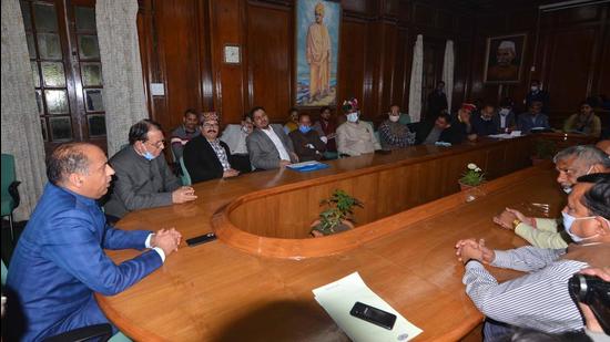 CM Jai Ram Thakur presiding over a meeting with BJP MLAs at the Himachal Pradesh Vidhan Sabha in Shimla on Friday. (HT Photo) CM Jai Ram Thakur presiding over a meeting with BJP MLAs at the Himachal Pradesh Vidhan Sabha in Shimla on Friday. (HT Photo)