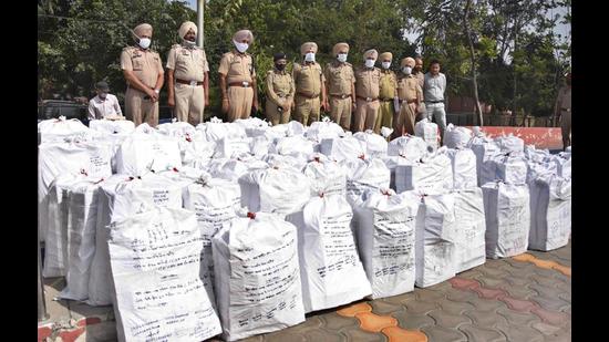 The recovered narcotics in custody of the Ludhiana police on Friday. (Gurpreet Singh/HT)