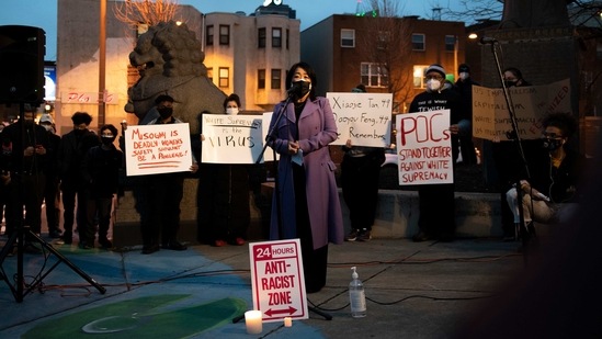 Councilmember Helen Gym address community members during a vigil to mourn and confront the rising violence against Asian Americans at the 10th Street Plaza.(AP) Councilmember Helen Gym address community members during a vigil to mourn and confront the rising violence against Asian Americans at the 10th Street Plaza.(AP)