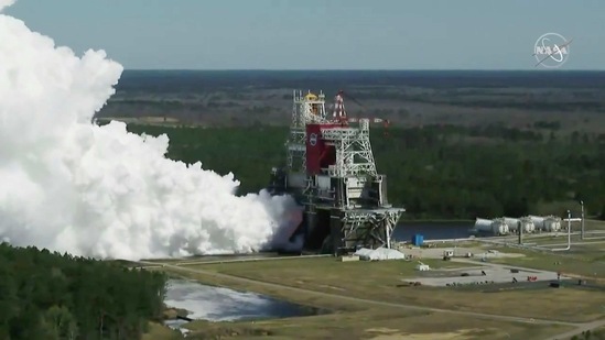 The Space Launch System, NASA’s planned moon rocket, is tested at the Stennis Space Center near Bay St. Louis.(AP)