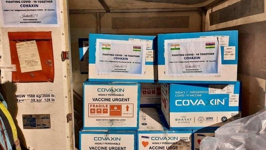 Commercial supply of 200,000 doses of 'Made in India' vaccines was handed over to Mauritius in a restricted ceremony today. (Photo via @HCI_PortLouis on Twitter)
