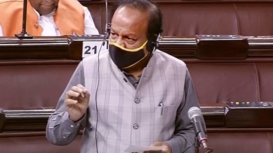 New Delhi: Union Health Minister Dr Harsh Vardhan speaks at the Rajya Sabha, during the Budget Session of Parliament, in New Delhi, Tuesday, March 16, 2021. (RSTV/PTI Photo) New Delhi: Union Health Minister Dr Harsh Vardhan speaks at the Rajya Sabha, during the Budget Session of Parliament, in New Delhi, Tuesday, March 16, 2021. (RSTV/PTI Photo)
