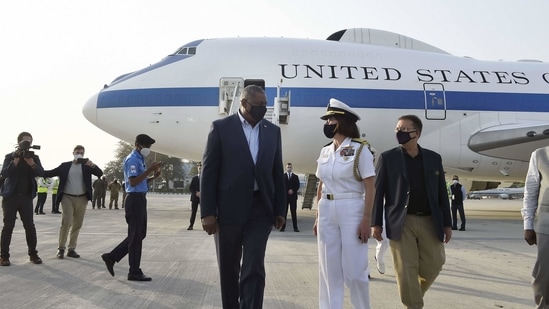 US Defence Secretary Lloyd Austin arrives at Palam Air Force Station, in New Delhi.(PTI) US Defence Secretary Lloyd Austin arrives at Palam Air Force Station, in New Delhi.(PTI)