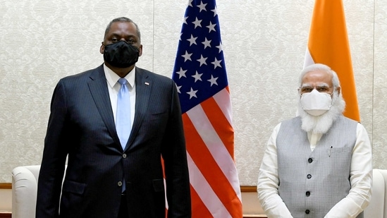 **EDS: HANDOUT PHOTO MADE AVAILABLE FROM DPR PMO ON FRIDAY, MARCH 19, 2021**New Delhi: Prime Minister Narendra Modi meets US Defence Secretary Lloyd Austin, in New Delhi, Friday, March 19, 2021. (PTI Photo)(PTI03_19_2021_000227B)(PTI) **EDS: HANDOUT PHOTO MADE AVAILABLE FROM DPR PMO ON FRIDAY, MARCH 19, 2021**New Delhi: Prime Minister Narendra Modi meets US Defence Secretary Lloyd Austin, in New Delhi, Friday, March 19, 2021. (PTI Photo)(PTI03_19_2021_000227B)(PTI)