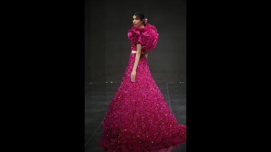 A model in a shine-on Suneet Varma creation (Photo: Instagram/FDCIOfficial) A model in a shine-on Suneet Varma creation (Photo: Instagram/FDCIOfficial)