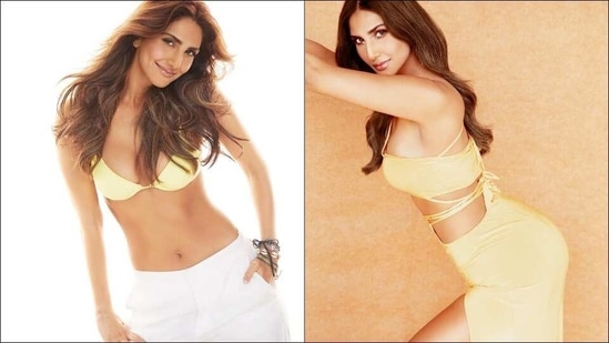 Vaani Kapoor goes bold in lemon bikini top, serves steamy look in gold top-skirt(Instagram/_vaanikapoor_/mohitrai)