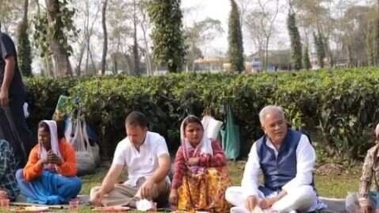 Rahul Gandhi and Chhattisgarh chief minister Bhupesh Baghel having lunch with tea estate workers in Assam. (rahulgandhi/ Instagram screengrab)