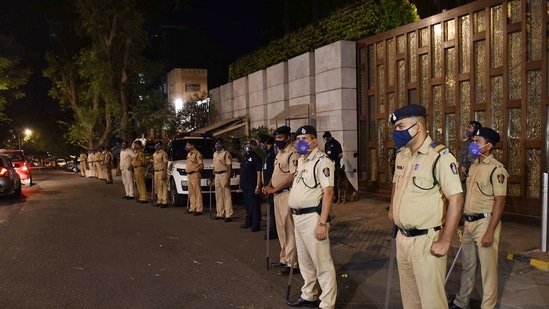 High security outside Antlia at Altamont road after a car laden with gelatin sticks has been found abandoned near Mukesh Ambani's Antilia residence in Mumbai on Thursday. (ANI Photo)