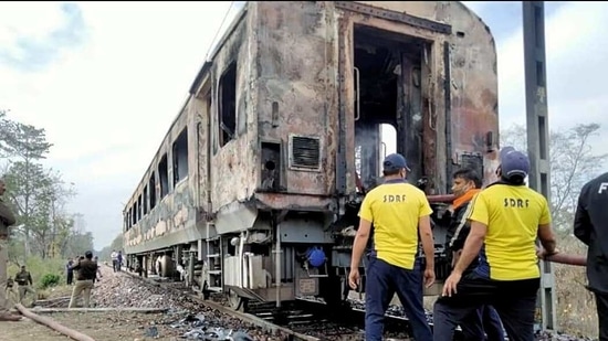 The fire was so damaging that the interior of the toilet was completely charred and the floor was cracked. (ANI Photo) The fire was so damaging that the interior of the toilet was completely charred and the floor was cracked. (ANI Photo)