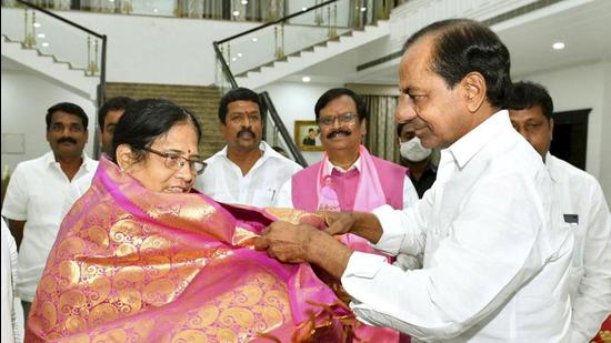 File photo: Telangana chief minister K Chandrasekhar Rao congratulates Vani Devion winning MLC election. (PTI) File photo: Telangana chief minister K Chandrasekhar Rao congratulates Vani Devion winning MLC election. (PTI)