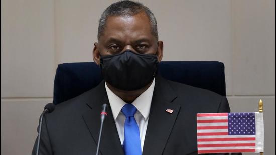 File photo: US secretary of defence Lloyd Austin during a news conference at Vigyan Bhawan in New Delhi on Saturday.(Bloomberg)