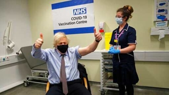 Britain's Prime Minister Boris Johnson gestures after receiving the first dose of the AstraZeneca vaccine. (AP Photo ) Britain's Prime Minister Boris Johnson gestures after receiving the first dose of the AstraZeneca vaccine. (AP Photo )