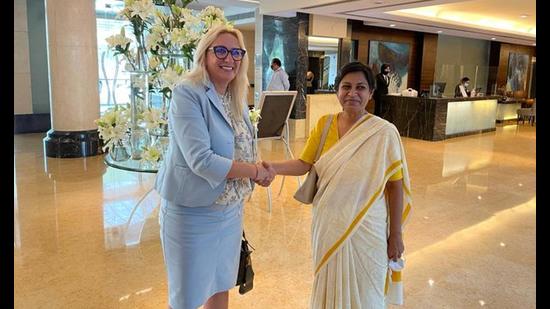 Bulgarian ambassador Eleonora Dimitrova with Punjab chief secretary Vini Mahajan in Chandigarh on Saturday. Bulgarian ambassador Eleonora Dimitrova with Punjab chief secretary Vini Mahajan in Chandigarh on Saturday.