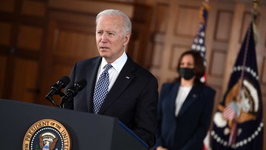 US President Joe Biden speaks, and US Vice President Kamala Harris is seen, during a listening session with Georgia Asian American and Pacific Islander community leaders at Emory University in Atlanta, Georgia. (AFP) US President Joe Biden speaks, and US Vice President Kamala Harris is seen, during a listening session with Georgia Asian American and Pacific Islander community leaders at Emory University in Atlanta, Georgia. (AFP)