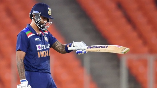 Indian batsman Suryakumar Yadav (L) celebrates his half century during the fourth Twenty20 match between India and England, at Narendra Modi Stadium in Ahmedabad,(PTI) Indian batsman Suryakumar Yadav (L) celebrates his half century during the fourth Twenty20 match between India and England, at Narendra Modi Stadium in Ahmedabad,(PTI)