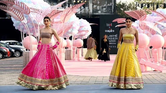 Mumbai: Models ramp walk for designer Masaba Gupta's show in collaboration with boAt during FDCI x Lakme Fashion Week, in Mumbai, Friday, March 19, 2021. (PTI)
