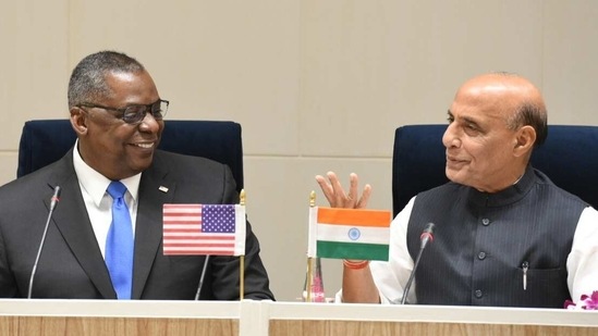 Defence Minister Rajnath Singh and US Defence Secretary Lloyd J Austin during their joint statement after meeting at Vigyan Bhawan in New Delhi on Saturday. .Photo by Arvind Yadav/HT Defence Minister Rajnath Singh and US Defence Secretary Lloyd J Austin during their joint statement after meeting at Vigyan Bhawan in New Delhi on Saturday. .Photo by Arvind Yadav/HT