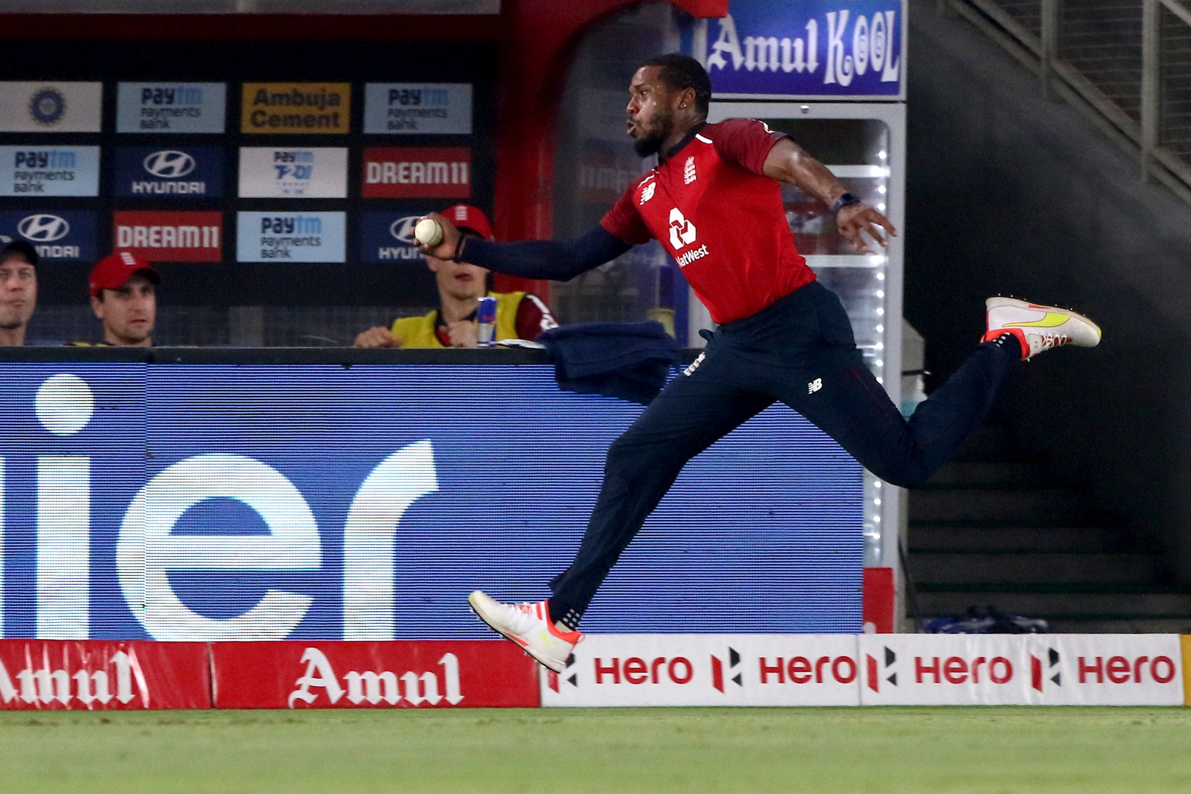 England's Chris Jordan's spectacular fielding effort helped dismiss Suryakumar Yadav in the limited over series against India (TWITTER)