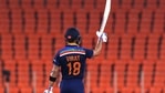 Indian skipper Virat Kohli celebrates his half-century during the 5th T20I against England at Narendra Modi Stadium in Ahmedabad on Saturday(BCCI) Indian skipper Virat Kohli celebrates his half-century during the 5th T20I against England at Narendra Modi Stadium in Ahmedabad on Saturday(BCCI)
