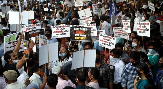 Demonstrators from left parties hold placards and shout slogans during a protest after the death of Hathras rape victim at Jantar Mantar, in New Delhi in this file photo from October. (ANI PHOTO)