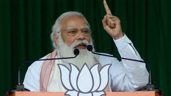Prime Minister Narendra Modi at an election rally ahead of the Assam assembly elections on Saturday. (ANI Photo) Prime Minister Narendra Modi at an election rally ahead of the Assam assembly elections on Saturday. (ANI Photo)