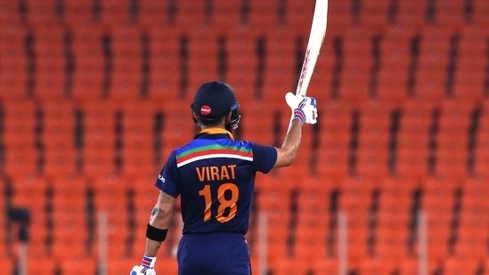 Indian skipper Virat Kohli celebrates his half-century during the 5th T20I against England at Narendra Modi Stadium in Ahmedabad on Saturday (BCCI) Indian skipper Virat Kohli celebrates his half-century during the 5th T20I against England at Narendra Modi Stadium in Ahmedabad on Saturday (BCCI)