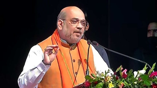 Union home minister Amit Shah addressing during the release manifesto sonar Bangla Sankalp Patra for the West Bengal election, in Kolkata on Sunday. (ANI Photo )