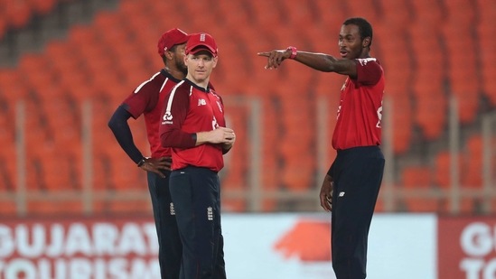 Jofra Archer with captain Eoin Morgan during the 5th T20I against India (AP) Jofra Archer with captain Eoin Morgan during the 5th T20I against India (AP)