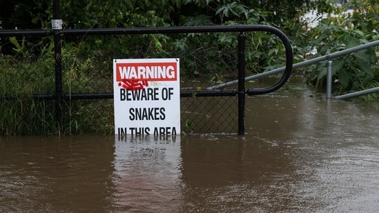 A sign is partially submerged on a residential path near the swollen Nepean River in Sydney on March 21. Meteorologists said the downpour is set to continue for several days. Emergency crews have responded to about 6,000 calls for help since the start of the rains on March 18, including nearly 700 direct pleas for rescue from floods.(Loren Elliott / REUTERS)