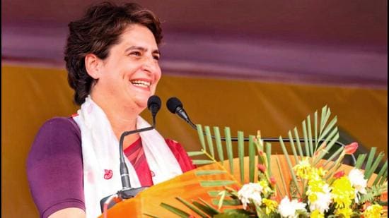 Congress General Secretary Priyanka Gandhi Vadra addresses a public rally ahead of the Assam assembly polls in Khumtai. (PTI PHOTO.)