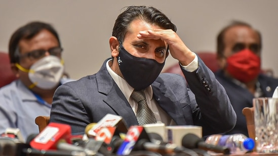 Serum Institute of India CEO Adar Poonawalla at a press confertence at the SII facility, a day after a fire incident, in Pune, Friday, Jan. 22, 2021.(PTI) Serum Institute of India CEO Adar Poonawalla at a press confertence at the SII facility, a day after a fire incident, in Pune, Friday, Jan. 22, 2021.(PTI)