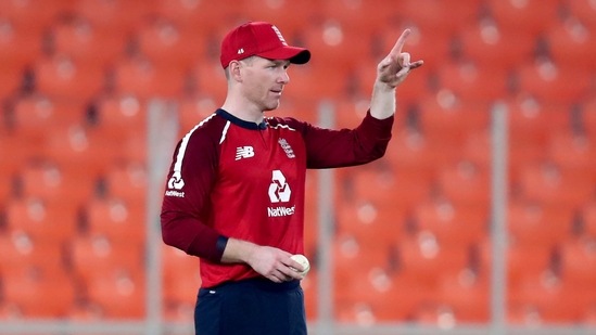 England's captain Eoin Morgan directs teammates to their fielding positions during the fifth Twenty20 cricket match between India and England at Narendra Modi Stadium in Ahmedabad, India, Saturday, March 20, 2021. (AP Photo/Ajit Solanki) (AP) England's captain Eoin Morgan directs teammates to their fielding positions during the fifth Twenty20 cricket match between India and England at Narendra Modi Stadium in Ahmedabad, India, Saturday, March 20, 2021. (AP Photo/Ajit Solanki) (AP)
