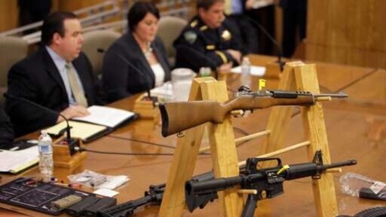Semi-automatic rifles and large-capacity magazines are displayed during a joint legislative informational hearing about gun control at the Capitol in Sacramento. (AP) Semi-automatic rifles and large-capacity magazines are displayed during a joint legislative informational hearing about gun control at the Capitol in Sacramento. (AP)
