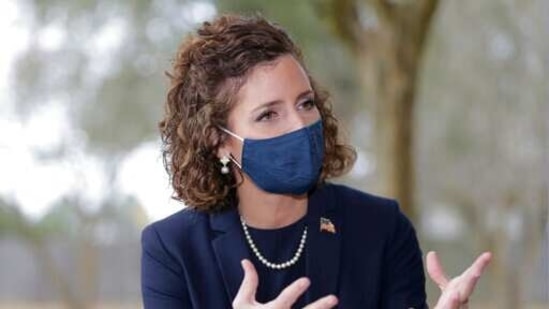 Julia Letlow, widow of Republican U.S. Rep.-elect Luke Letlow, speaks to a member of the press at the Louisiana State Archives after signing up to run for the 5th District seat in Baton Rouge.(AP)