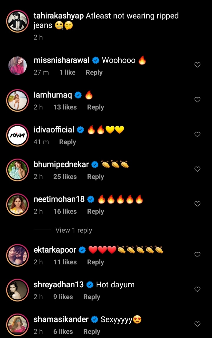 Huma Qureshi, Bhumi Pednekar, Neeti Mohan, Ekta Kapoor and Shama Sikander's comments on Tahira Kashyap's Instagram picture(Instagram/tahirakashyap) Huma Qureshi, Bhumi Pednekar, Neeti Mohan, Ekta Kapoor and Shama Sikander's comments on Tahira Kashyap's Instagram picture(Instagram/tahirakashyap)