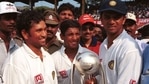 From Left: Sachin Tendulkar, SS Das and Rahul Dravid with the Border-Gavaskar Trophy. (Hindustan Times/Getty Images) From Left: Sachin Tendulkar, SS Das and Rahul Dravid with the Border-Gavaskar Trophy. (Hindustan Times/Getty Images)