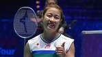 Birmingham : Japan's Nozomi Okuhara celebrates after winning the women's singles semifinal match against Thailand's Ratchanok Intanon on day four of the All England Open Badminton Championships at the Utilita Arena in Birmingham, England.(AP)
