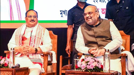 In his third rally of the day at Udalguri in Bodoland Territorial Region (BTR), Shah campaigned for candidates of United Peoples’ Party Liberal (UPPL), which is part of the BJP-Asom Gana Parishad alliance in the state. BJP national president JP Nadda also addressed three elections rallies at Dibrugarh, Jorhat and Biswanath Chariali districts in Assam on Monday. (PTI PHOTO.)