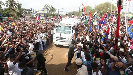 Stalin arrives for this rally in Thoothukudi on Monday. (Photo: DMK)