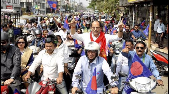 Supporters of Assam Jatiya Parishad (AJP) take out a bike rally as a part of their election campaign for the upcoming Assam assembly elections, in Guwahati on March 12, 2021. (PTI)
